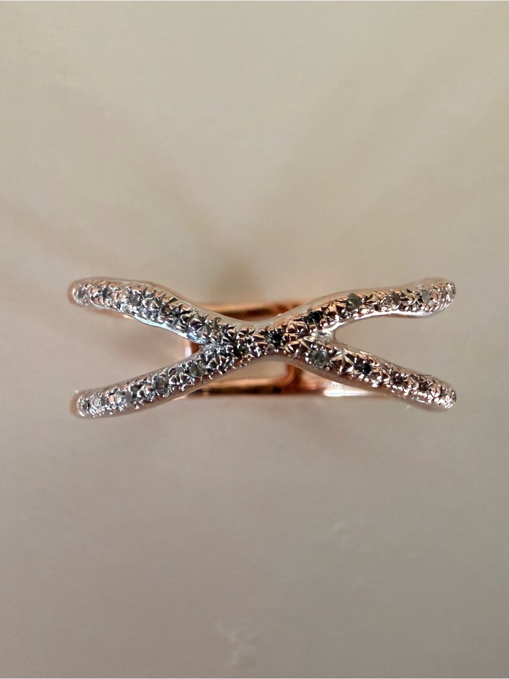Monica Vinader Riva Wave Cross Ring - 18K Rose Gold Vermeil & Diamond Sz 9 - Picture 2 of 7